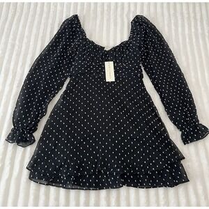 THIRTY/THIRTY LA Womens Fit & Flare Mini Long Sleeve Polka Dot‎ Black Dress Sz L
